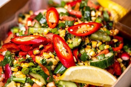 Blackened corn, tomatoes, cucumber, red peppers, fresh coriander, lime, chopped chilli (GF, DF, V, Vegan) (Size: Individual)