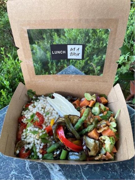 Deluxe Lunch Box - Brie & Char grilled Vegetables (GF) (V)  Mixed leaves  Pearl couscous, sundried tomato & eggplant salad  kumara with walnuts, avocado, chives & lemon myrtle, mayonnaise GF, V, DF
