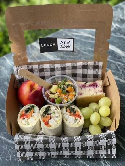 Value Lunch Box 1 - Chicken, celery, seeded mustard and salad tortilla wrap Brown rice, broccoli and capsicum salad pot Raspberry and coconut cake and fresh fruit