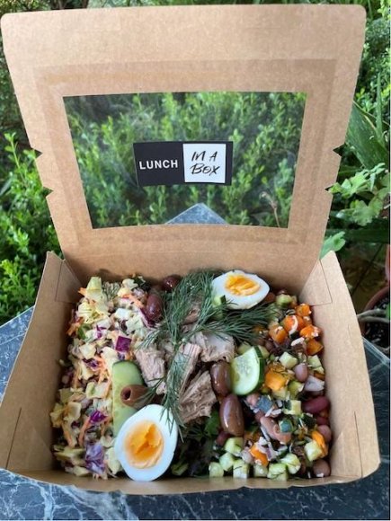 Deluxe Lunch Box - Tuna, hard boiled eggs & Kalamata olives  Mixed leaf salad  Roast pumpkin, mixed bean & zucchini, coconut & sultana salad GF,VGN, DF  Coleslaw - Cabbage, toasted pine nuts, capsicum and apple, dill mayonnaise GF,V, DF