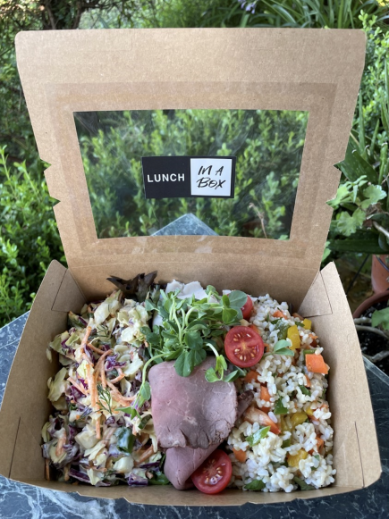 Deluxe Lunch Box - Roast rare beef  & Turkey, honey mustard dressing  Mixed leaf salad  Coleslaw - Cabbage, toasted pine nuts, capsicum and apple, dill mayonnaise GF,V, DF Brown rice & capsicum, orange zest dressing GF,V, DF