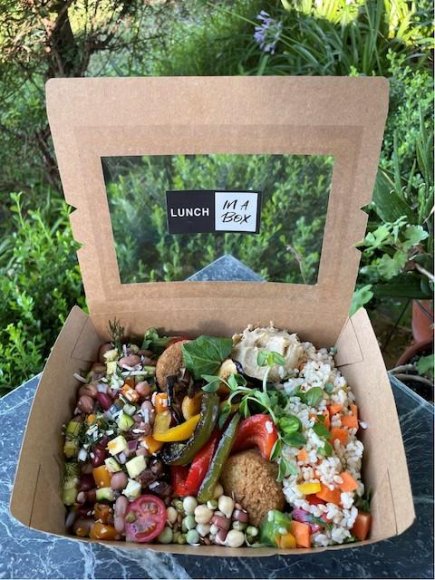 Deluxe Lunch Box - Falafel, char grilled vegetables seasoned with balsamic glaze (GF, VGN)  Mixed leaves  Mixed bean, pumpkin & zucchini salad GF,V, DF  Brown rice & capsicum, orange zest dressing GF,V, DF